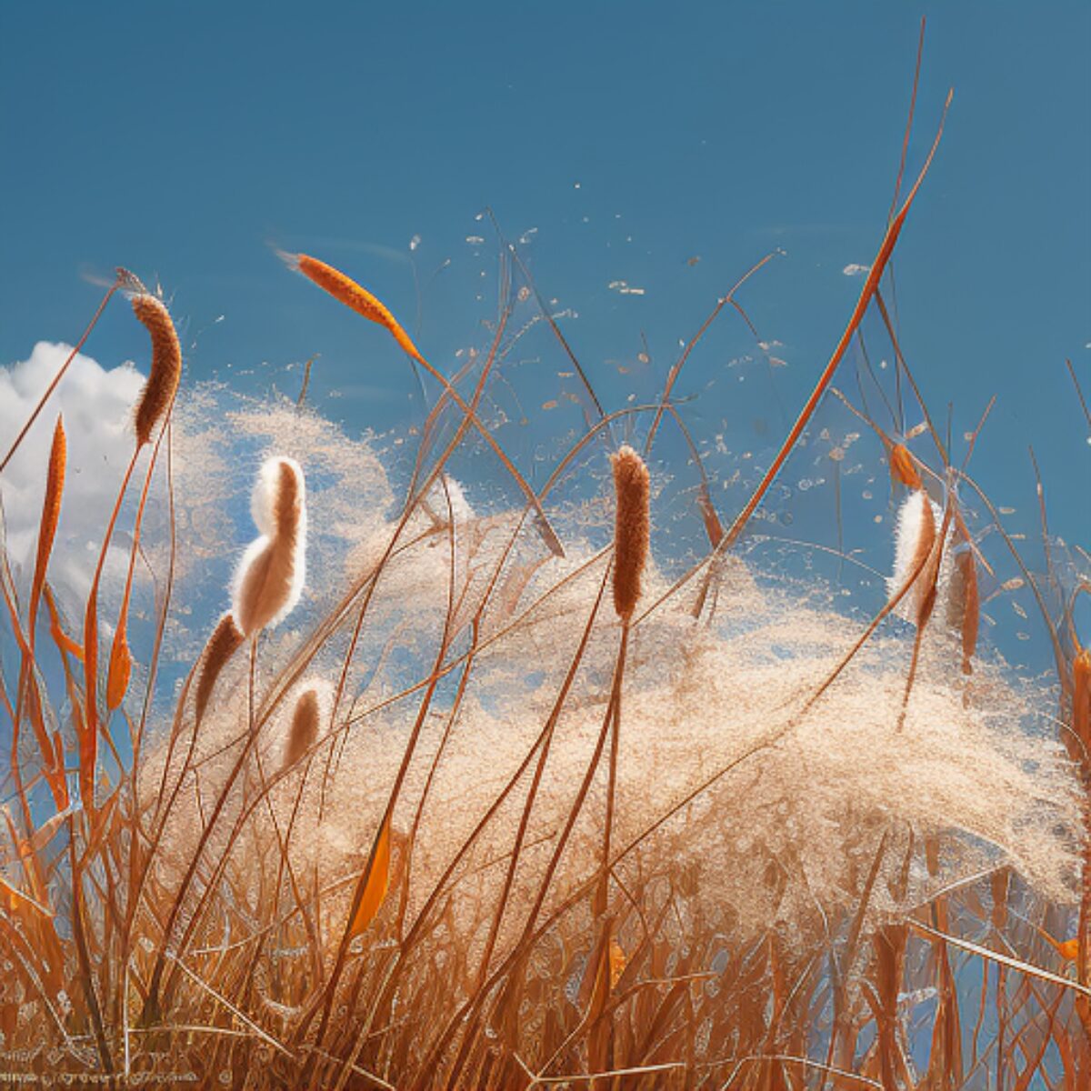 Cattail seeds blowing in the wind